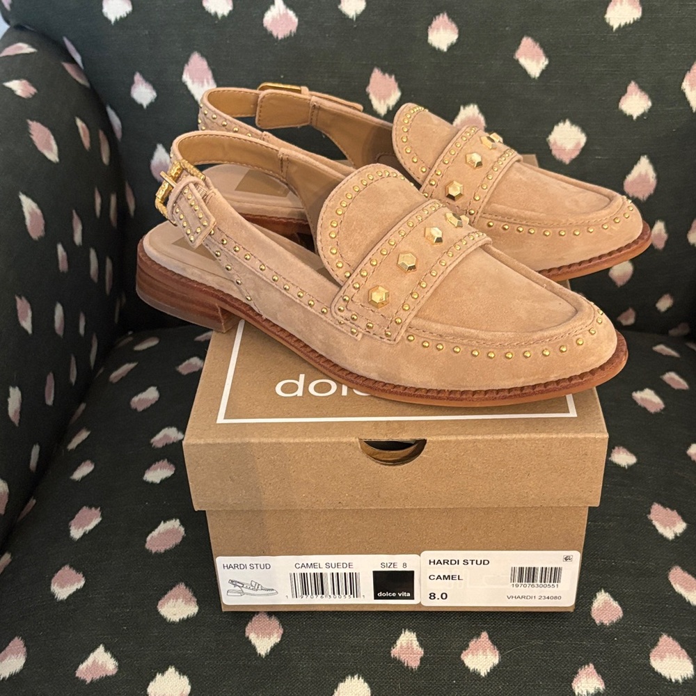 Dolce Vita Tan Suede Loafers with Gold Accents